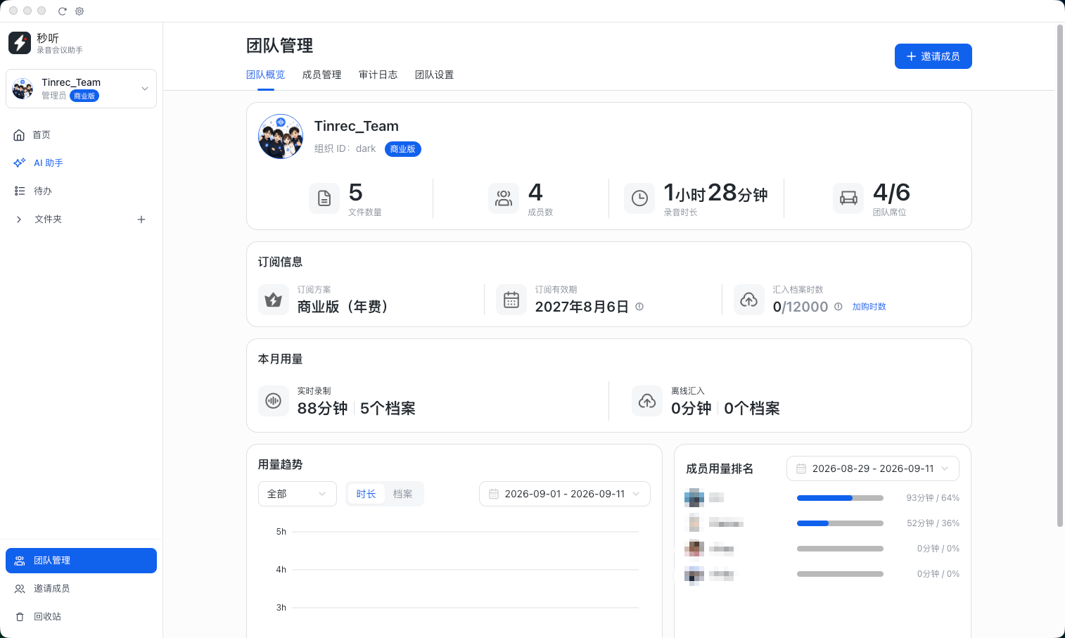 秒听 团队概览页面